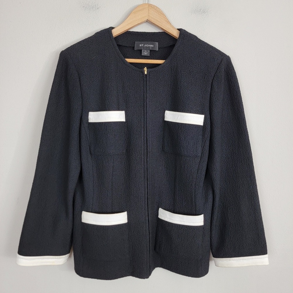 St John Contrast Trim Black Jacket Blazer Full Zip Womens 12 Mature Neutral.